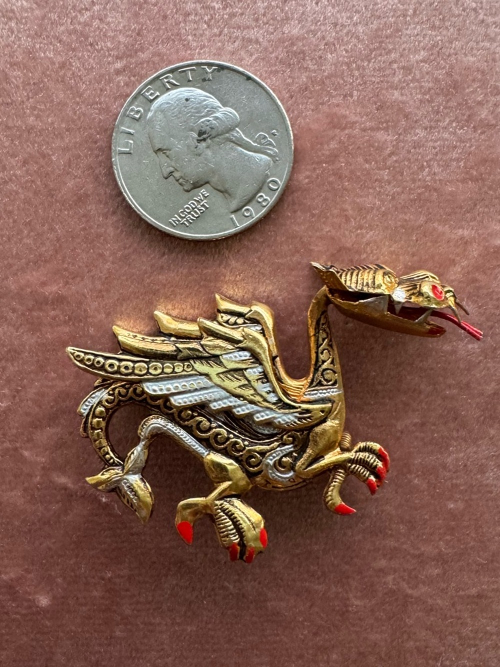 🐉 Vintage Spain Damascene Dragon Brooch Gold Tone Red Enamel Statement Pin - Picture 2 of 7